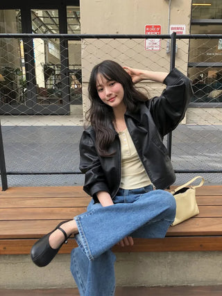 (2 colors) Cropped Leather Jacket