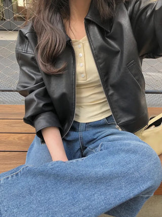 (2 colors) Cropped Leather Jacket