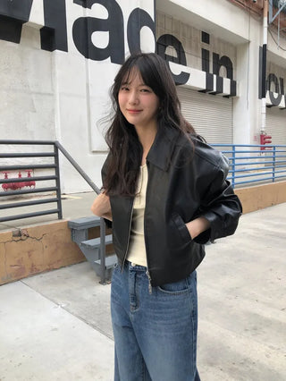 (2 colors) Cropped Leather Jacket