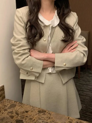(3 colors) Collarless Tweed Jacket