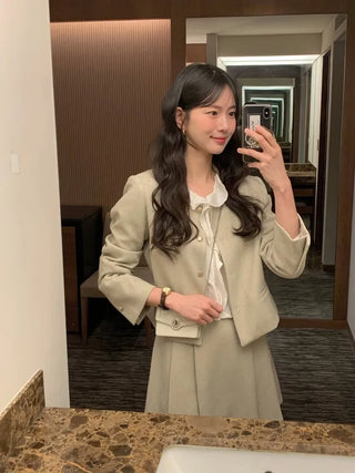 (3 colors) Collarless Tweed Jacket