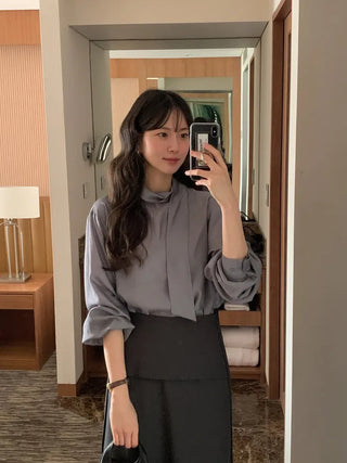 (2 colors) Basic Tie Blouse