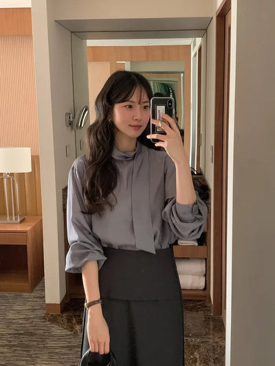 (2 colors) Basic Tie Blouse