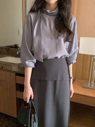 (2 colors) Basic Tie Blouse