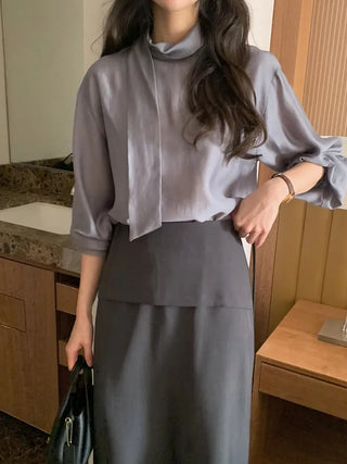 (2 colors) Basic Tie Blouse