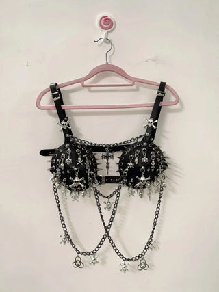 Metal chain rivet skull applique buckle cami top