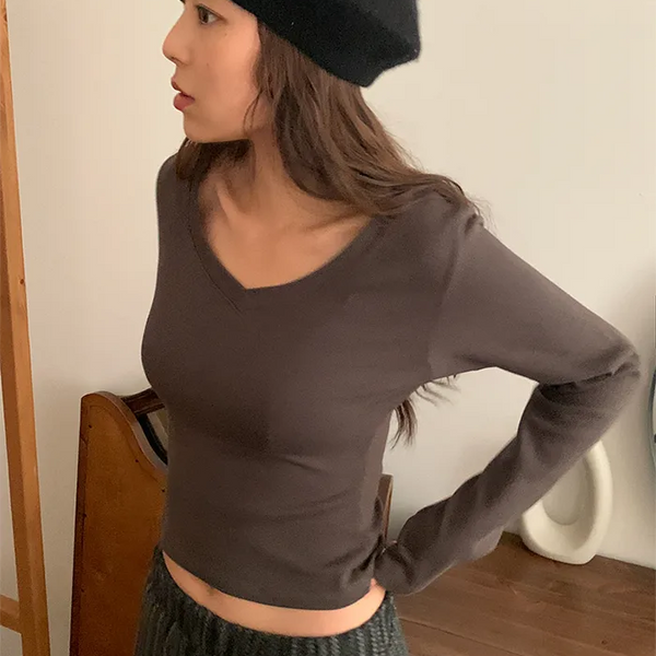 Fleece-lined V-neck long-sleeved cropped T-shirt