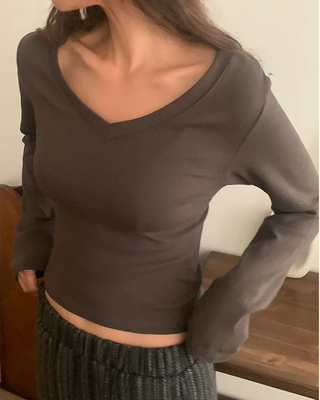 Fleece-lined V-neck long-sleeved cropped T-shirt