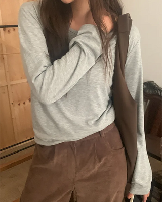 Brushed fleece basic round long-sleeve T-shirt