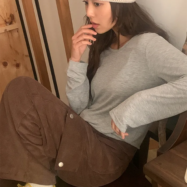 Brushed fleece basic round long-sleeve T-shirt