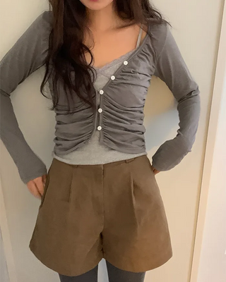 Shirred Layered Long-Sleeve Cardigan