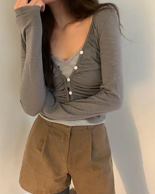 Shirred Layered Long-Sleeve Cardigan