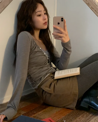 Shirred Layered Long-Sleeve Cardigan