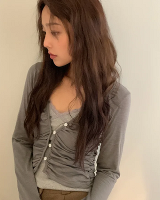 Shirred Layered Long-Sleeve Cardigan