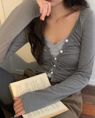Shirred Layered Long-Sleeve Cardigan
