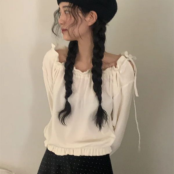 Velvet Ribbon Off-Shoulder Sweatshirt