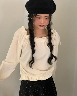 Velvet Ribbon Off-Shoulder Sweatshirt
