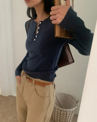 Henley neck button rib knit