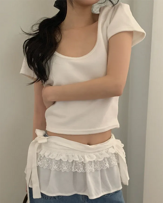 Fleece-lined 2-way U-neck short-sleeved T-shirt