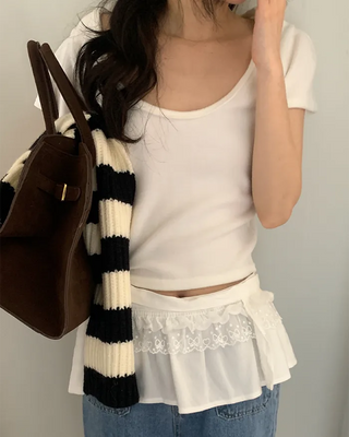 Fleece-lined 2-way U-neck short-sleeved T-shirt