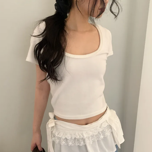 Fleece-lined 2-way U-neck short-sleeved T-shirt