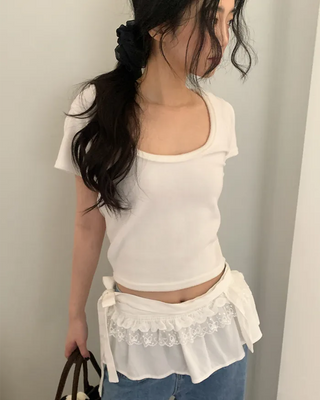 Fleece-lined 2-way U-neck short-sleeved T-shirt