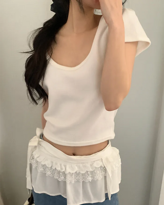 Fleece-lined 2-way U-neck short-sleeved T-shirt
