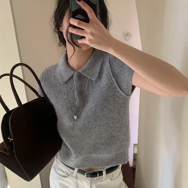 Angora-colored short-sleeved knit sweater