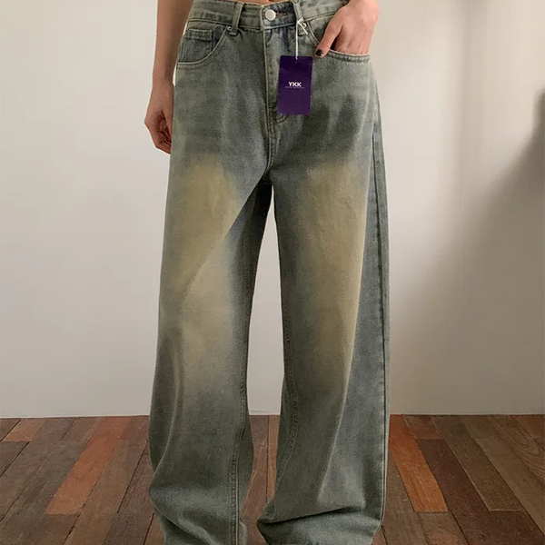 Washed long wide denim pants