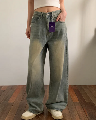 Washed long wide denim pants