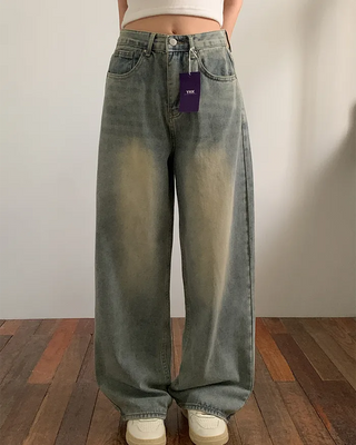 Washed long wide denim pants