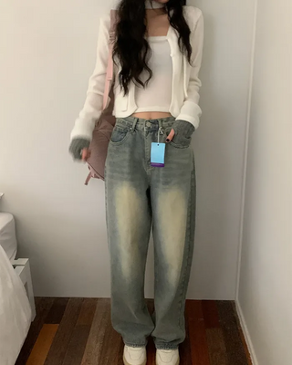 Washed long wide denim pants