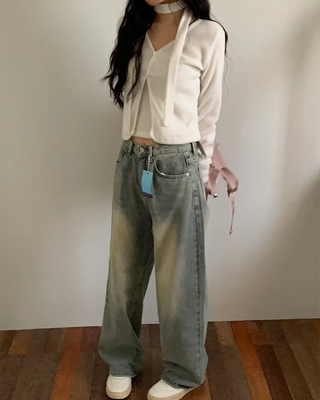 Washed long wide denim pants