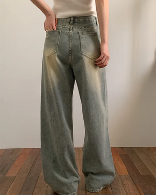 Washed long wide denim pants