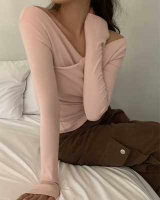 Soft brushed fleece shirred off-shoulder T-shirt