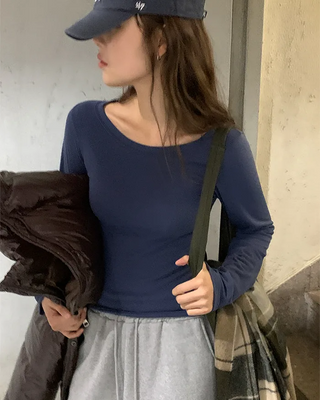 Brushed fleece round basic long-sleeve T-shirt