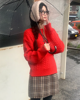 Checkered back elastic waistband fleece-lined skirt