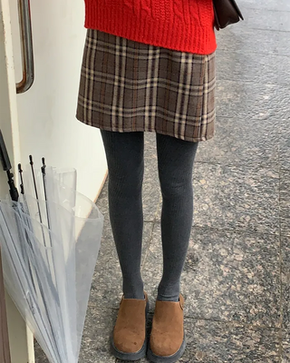Checkered back elastic waistband fleece-lined skirt