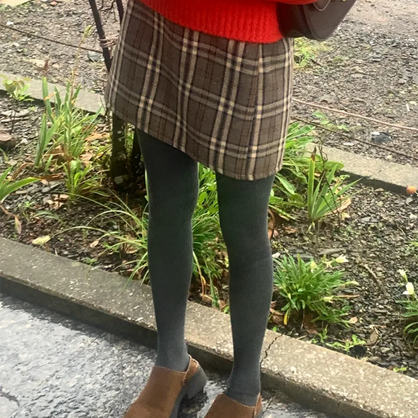 Checkered back elastic waistband fleece-lined skirt