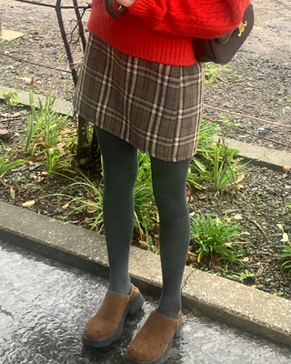 Checkered back elastic waistband fleece-lined skirt