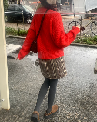 Checkered back elastic waistband fleece-lined skirt