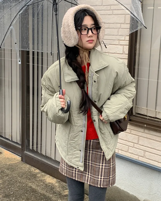 Checkered back elastic waistband fleece-lined skirt