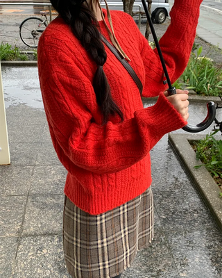 Checkered back elastic waistband fleece-lined skirt