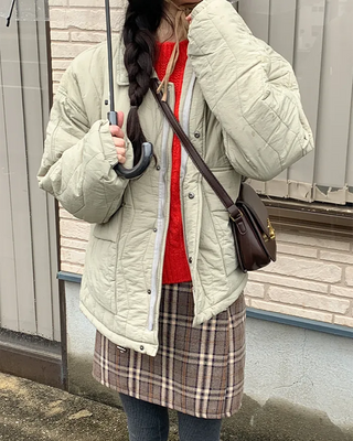 Checkered back elastic waistband fleece-lined skirt