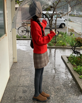 Checkered back elastic waistband fleece-lined skirt