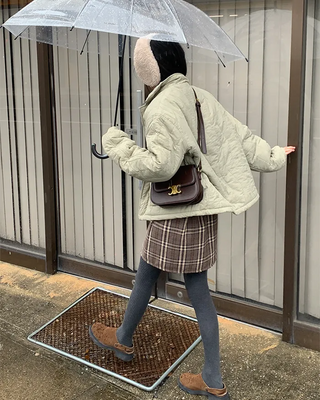 Checkered back elastic waistband fleece-lined skirt