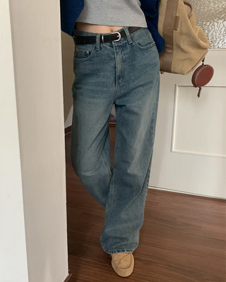 Washed wide denim pants