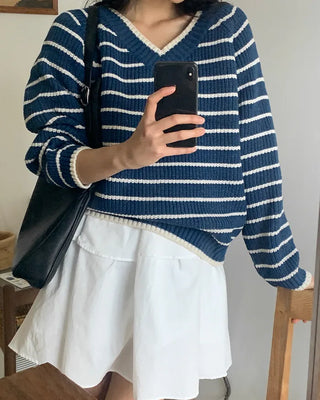 Striped V-neck knit