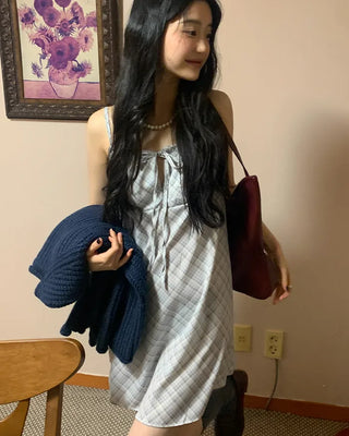Checked Shirred Ribbon Camisole Dress