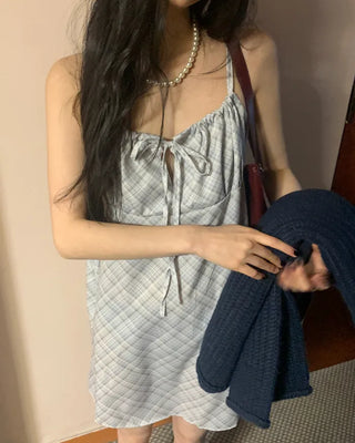 Checked Shirred Ribbon Camisole Dress